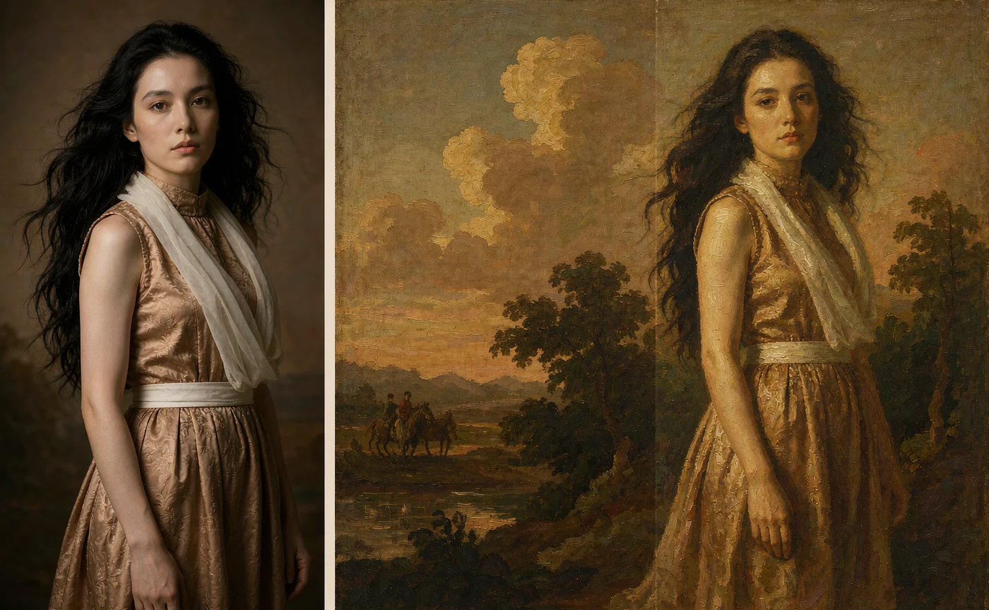 Two references on the left — a portrait and a painted landscape — combined into one coherent illustration on the right
