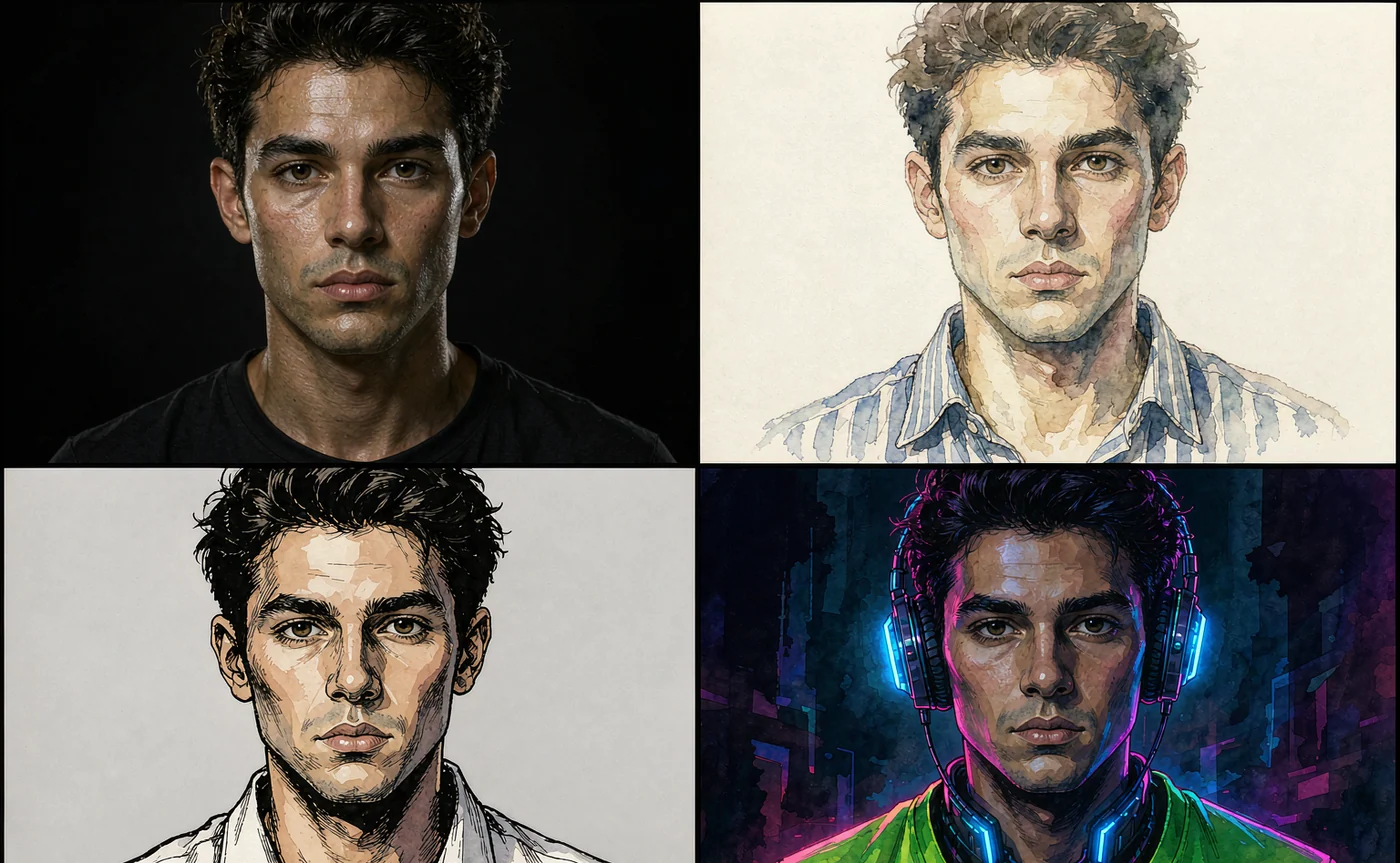 A grid of the same generated character shown in different outfits and lighting, produced from one reference photo