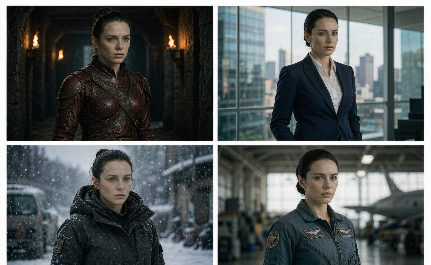 The same character rendered across four scenes — armour, suit, winter coat and pilot gear — with the face held constant
