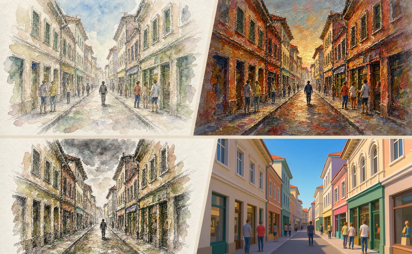 The same street photograph rendered as watercolour, oil painting and pencil sketch