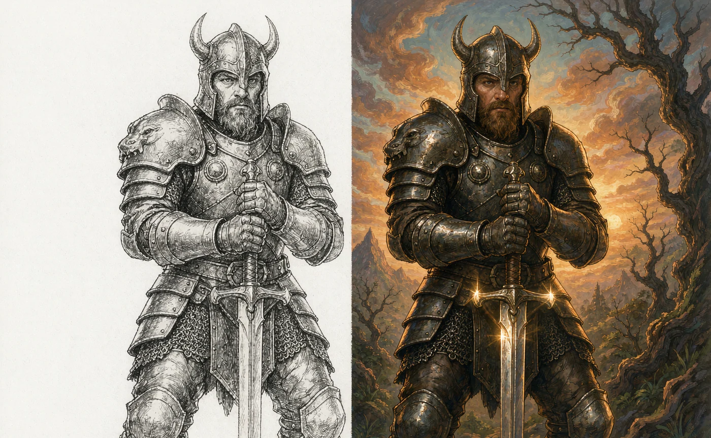 A pencil sketch beside its rendered colour illustration, with matching composition